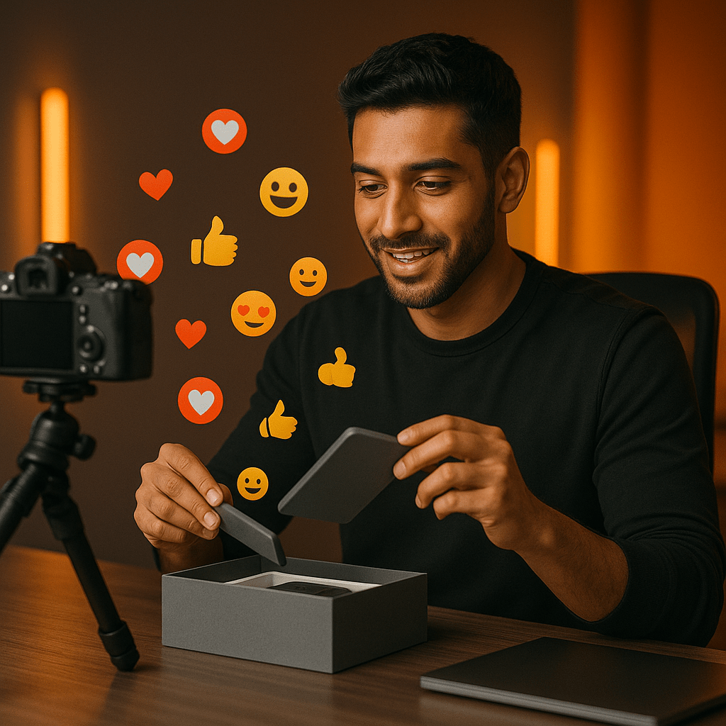 Tech influencer unboxing gadget while audience reacts live.