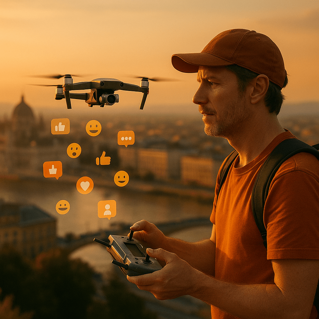 Travel influencer creating cityscape content with live audience reactions.
