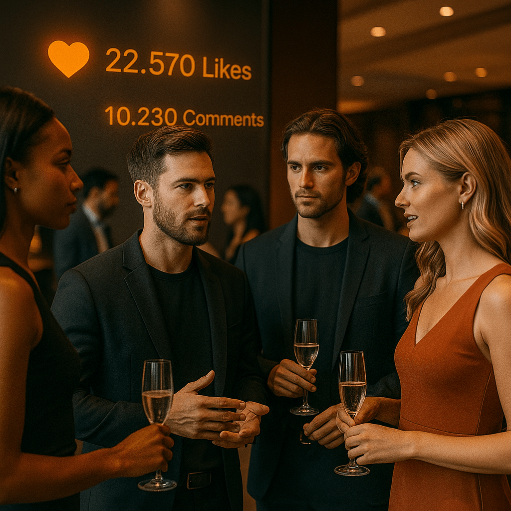Influencer networking event showing live engagement metrics.