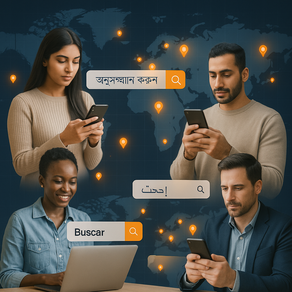 Diverse professionals using devices with multilingual search bars over a glowing global map.