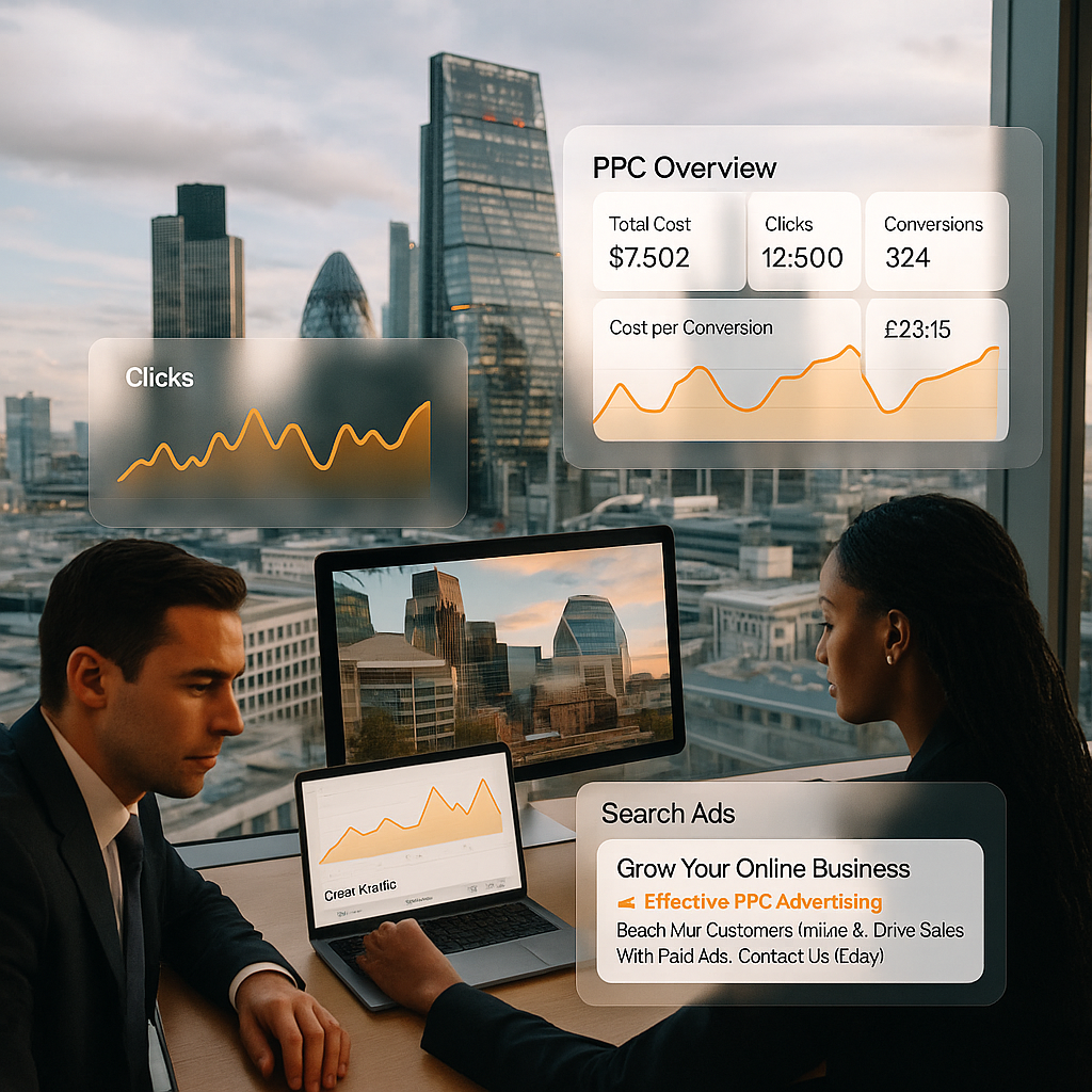 PPC agency London team reviewing Google Ads and campaign dashboards in a modern London office skyline.